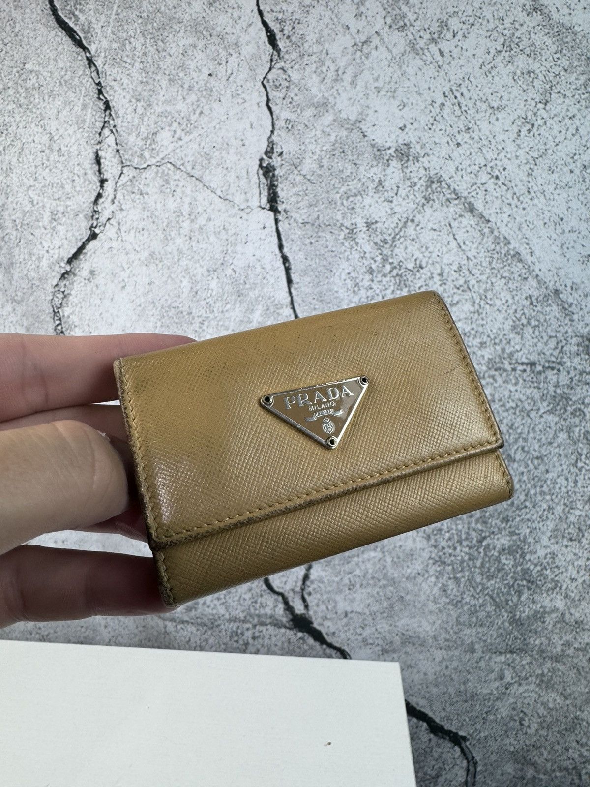 image of Prada Saffiano Leather Logo Ring Key Holder Wallet in Orange, Men's