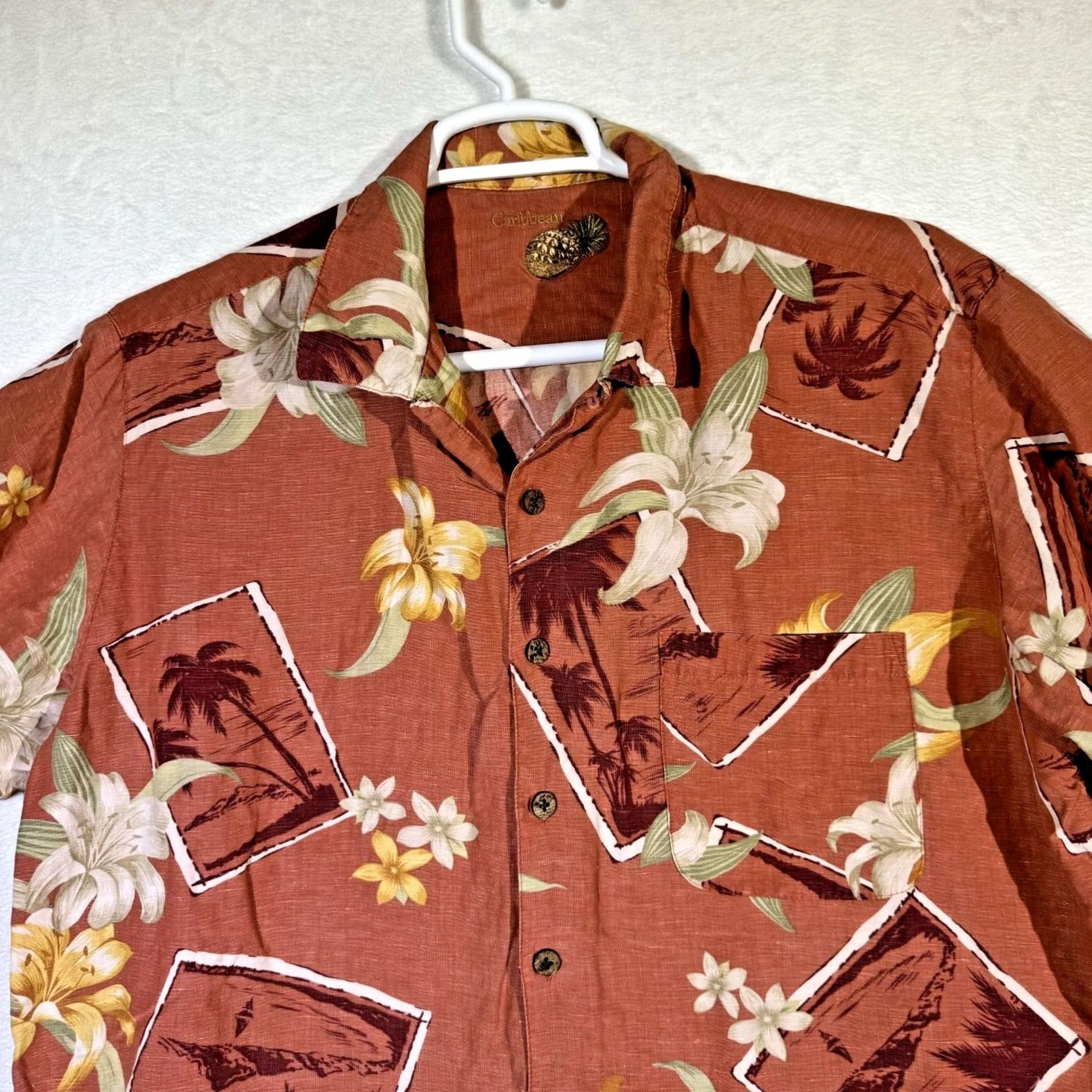 Vintage Caribbean Hawaiian Shirt XL Brown Silk-Linen Floral Button-Up Short Sleeve Men's Regular Size US XL / EU 56 / 4 - 5 Thumbnail