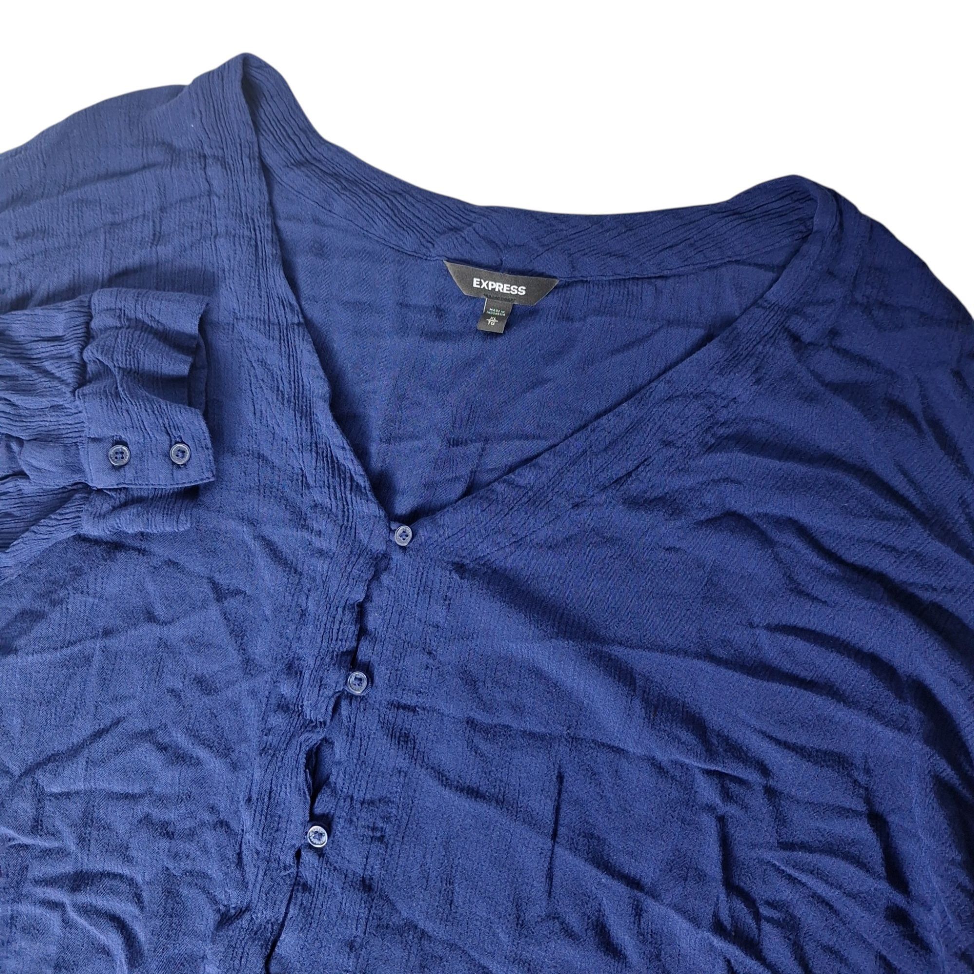 Express Express Royal Blue V-Neck Button Front Tie Front Rayon Blous Size XL / US 12-14 / IT 48-50 - 1 Thumbnail