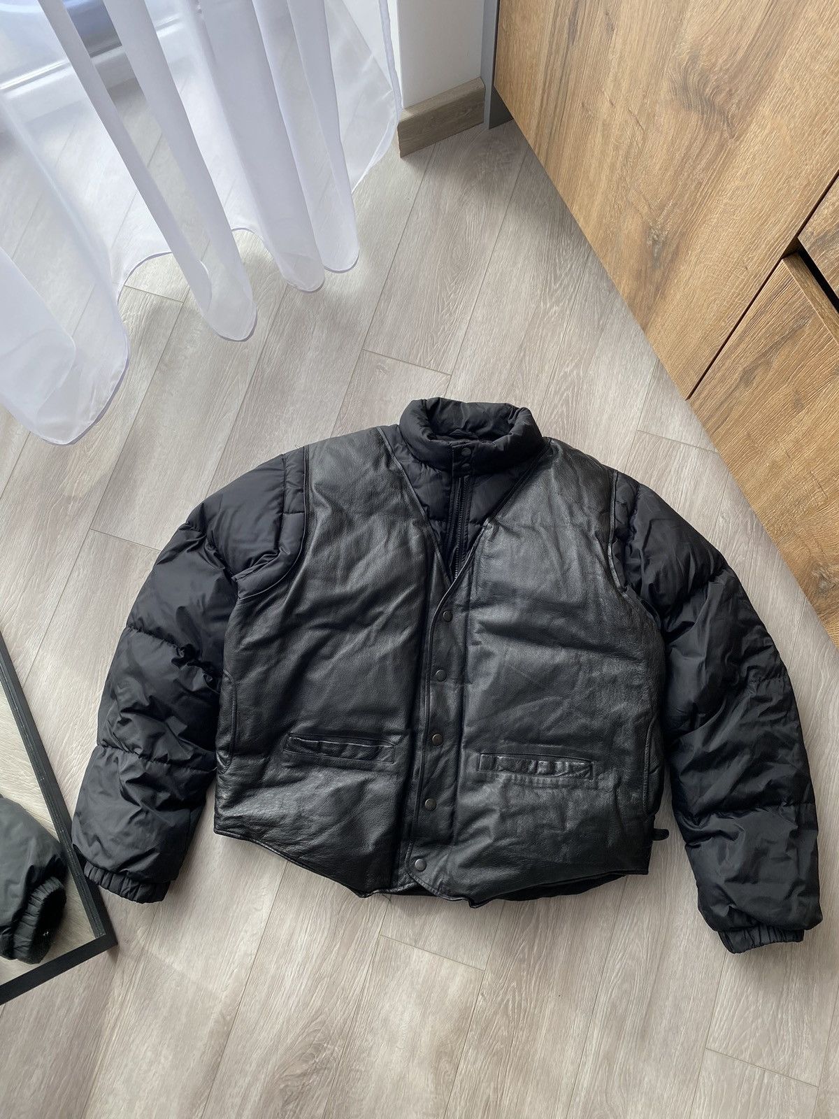 image of Vintage Blue Family Benetton Leather Puffer Jacket in Black, Men's (Size Large)