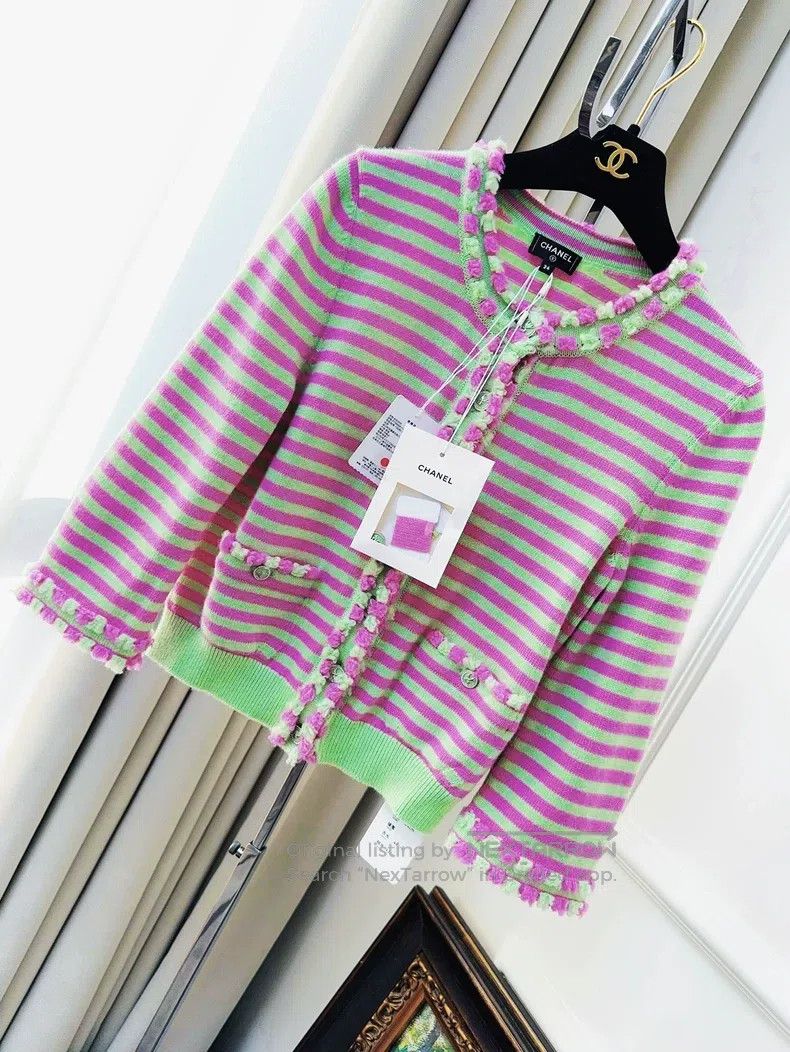 Chanel Chanel 25s new pink and green striped lace knitted cardiga Size XXS / US 00 / IT 34 - 1 Thumbnail
