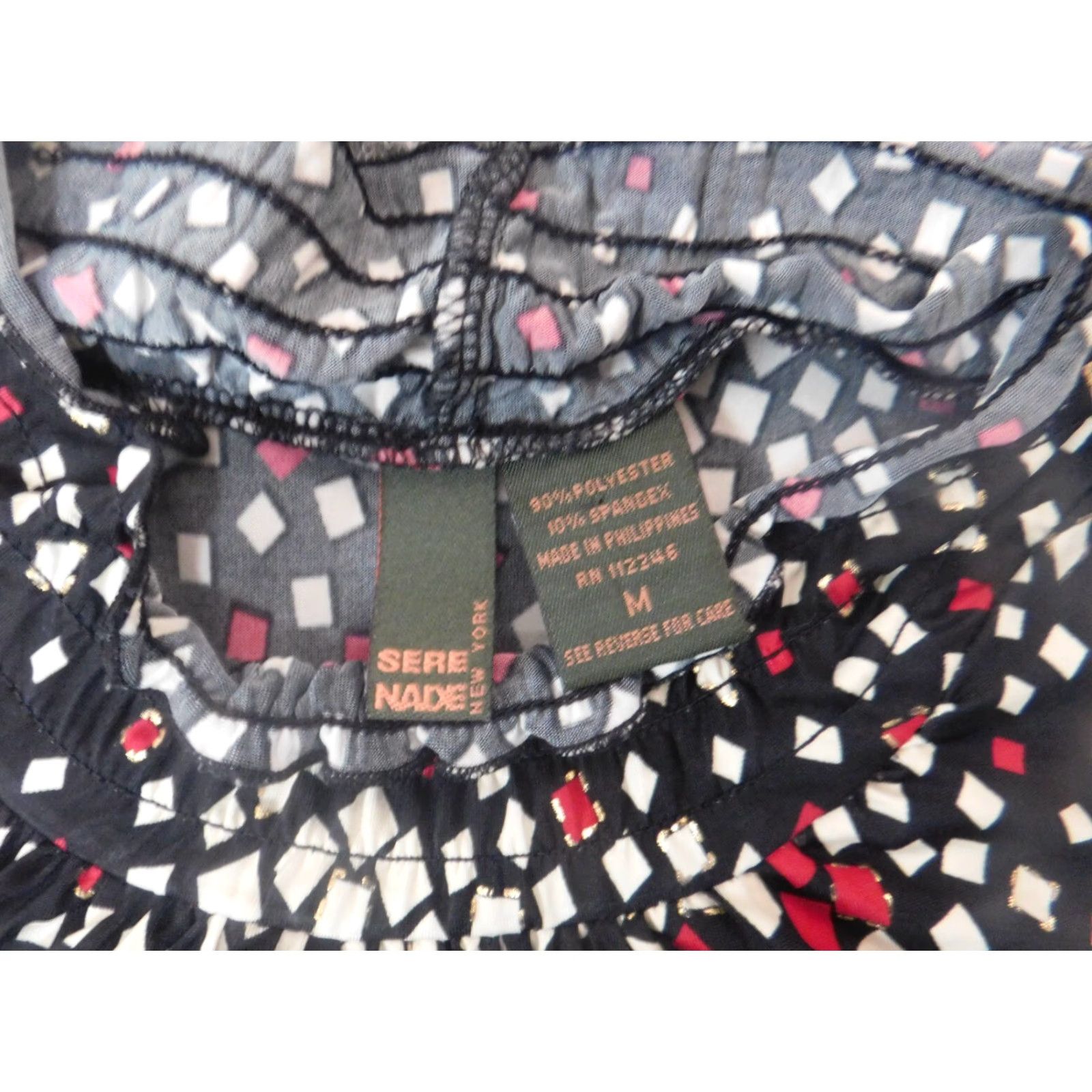 Vintage Serenade Blouse Shirt Womens Medium black Geometric Polyester Stretch Bell Sleeve Ruffle Collared Pullover Casual Regular Size M / US 6-8 / IT 42-44 - 6 Thumbnail