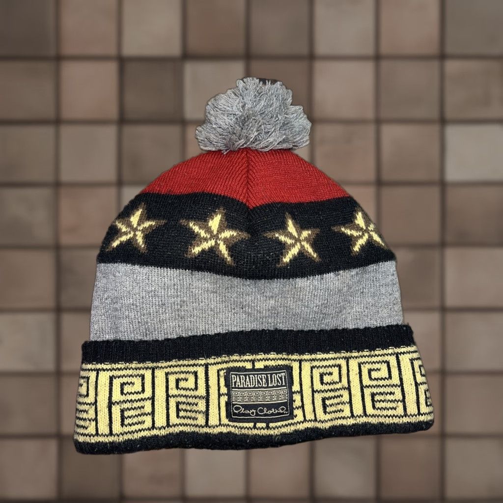 Paradise Play Cloths Mens Winter Beanie Hat — Gray Red Stars Yellow Cotton Pom Pom Casual Fall Winter Spring Men Size ONE SIZE - 1 Thumbnail