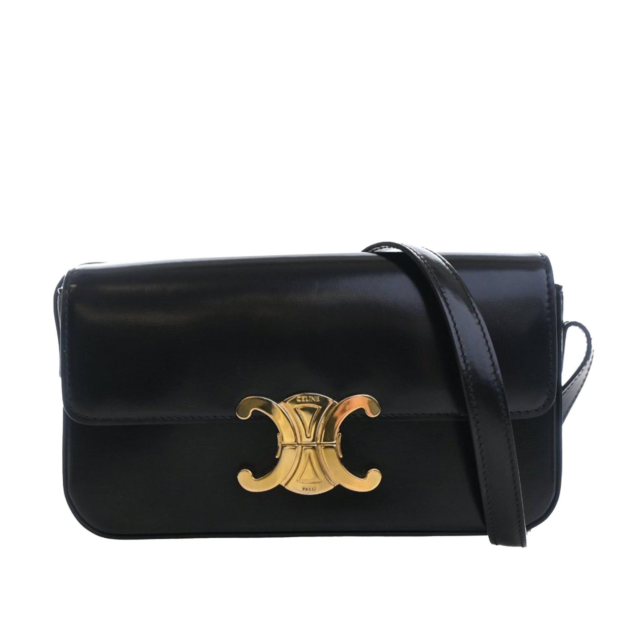 Celine Shiny Calfskin Triomphe Claude Shoulder Bag in Black, Women's