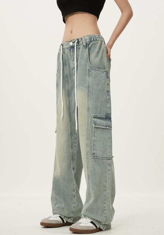 Japanese Brand × Jean Retro elastic waist loose casual drawstring cargo jeans Size US 32 / EU 48 - 4 Thumbnail