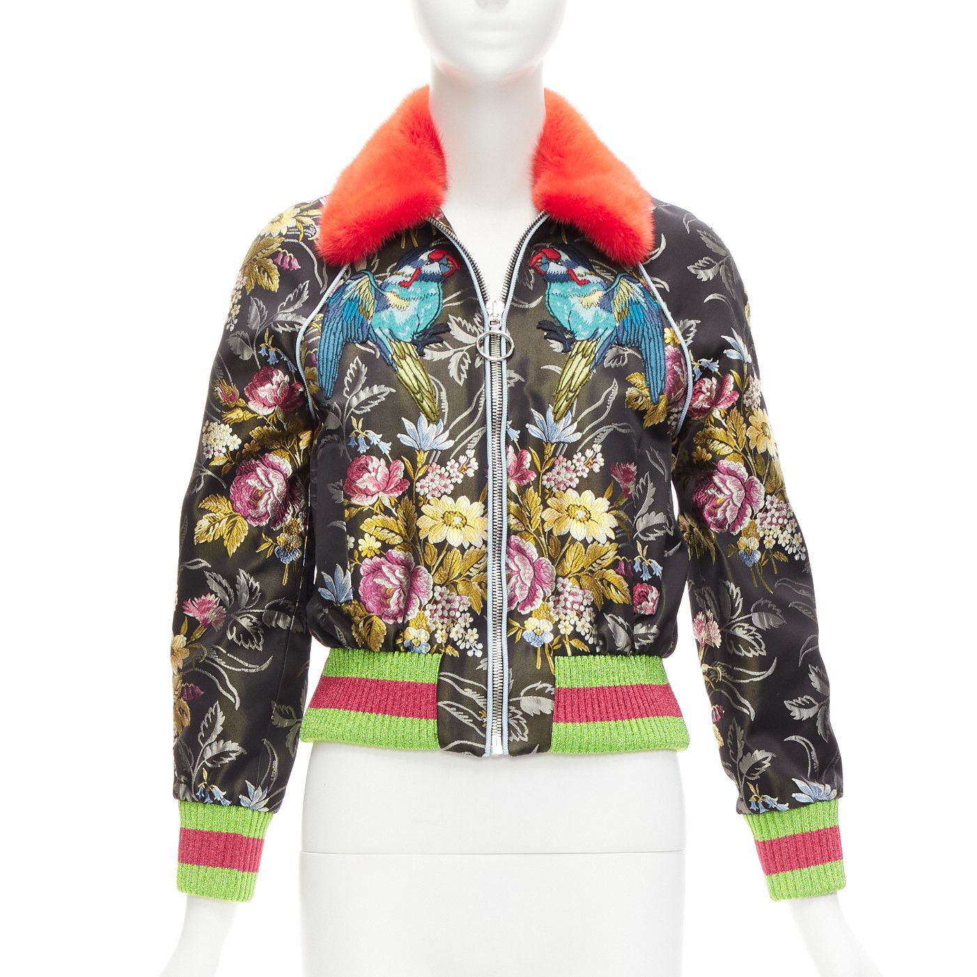 image of Gucci 2016 Runway Floral Jacquard Mink Fur Collar Bomber Jacket It38 Xs, Women's