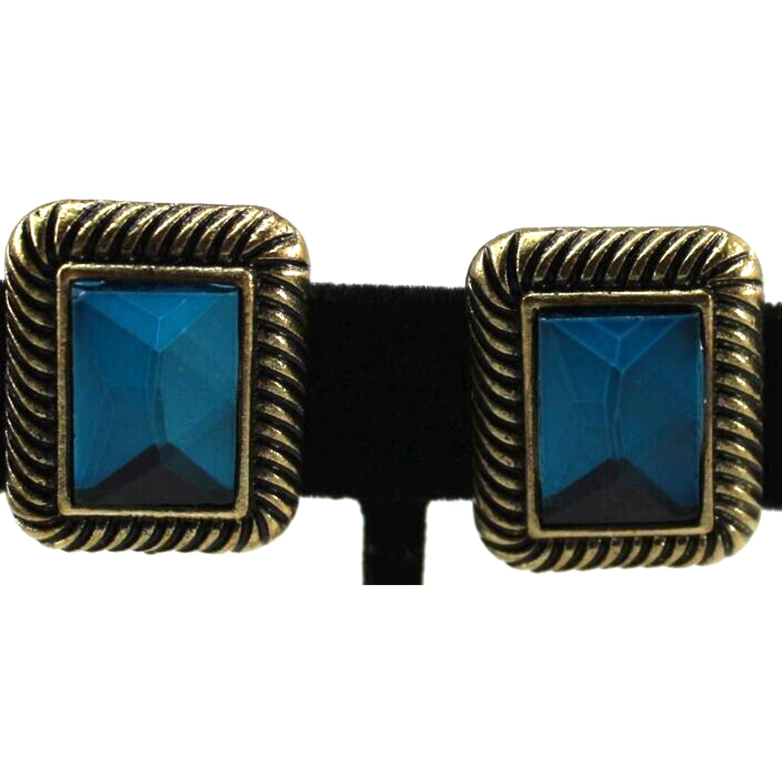 Other Rectangular Teal Blue Glass Earrings •Antique Goldtone •Clip Size ONE SIZE - 3 Thumbnail