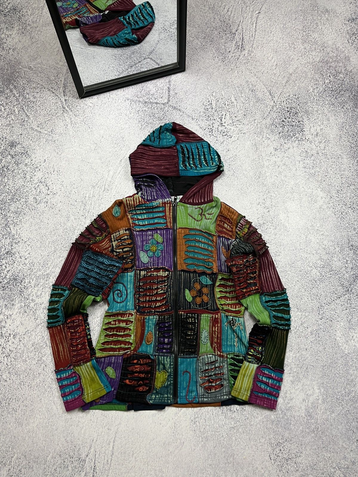 Nepal Zip Up Hoodie Flowers Patchwork Hippie Rare Avantgarde