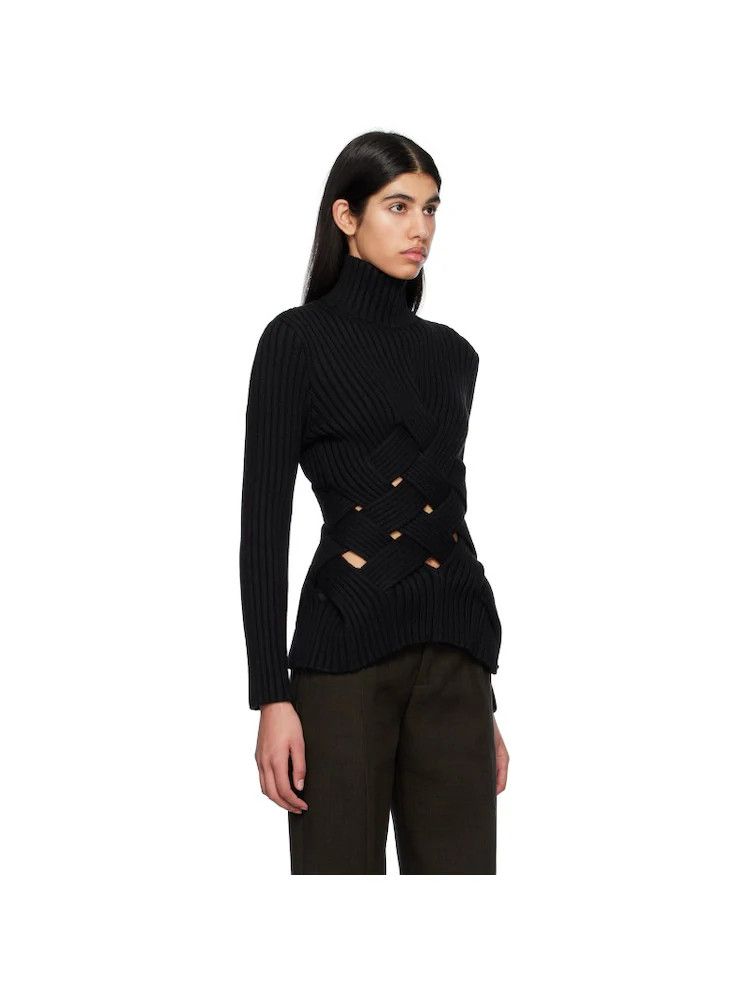 Bottega Veneta o1loc1c0824 725638 Intreccio Wool Jumper in Black Size S / US 4 / IT 40 - 2 Thumbnail
