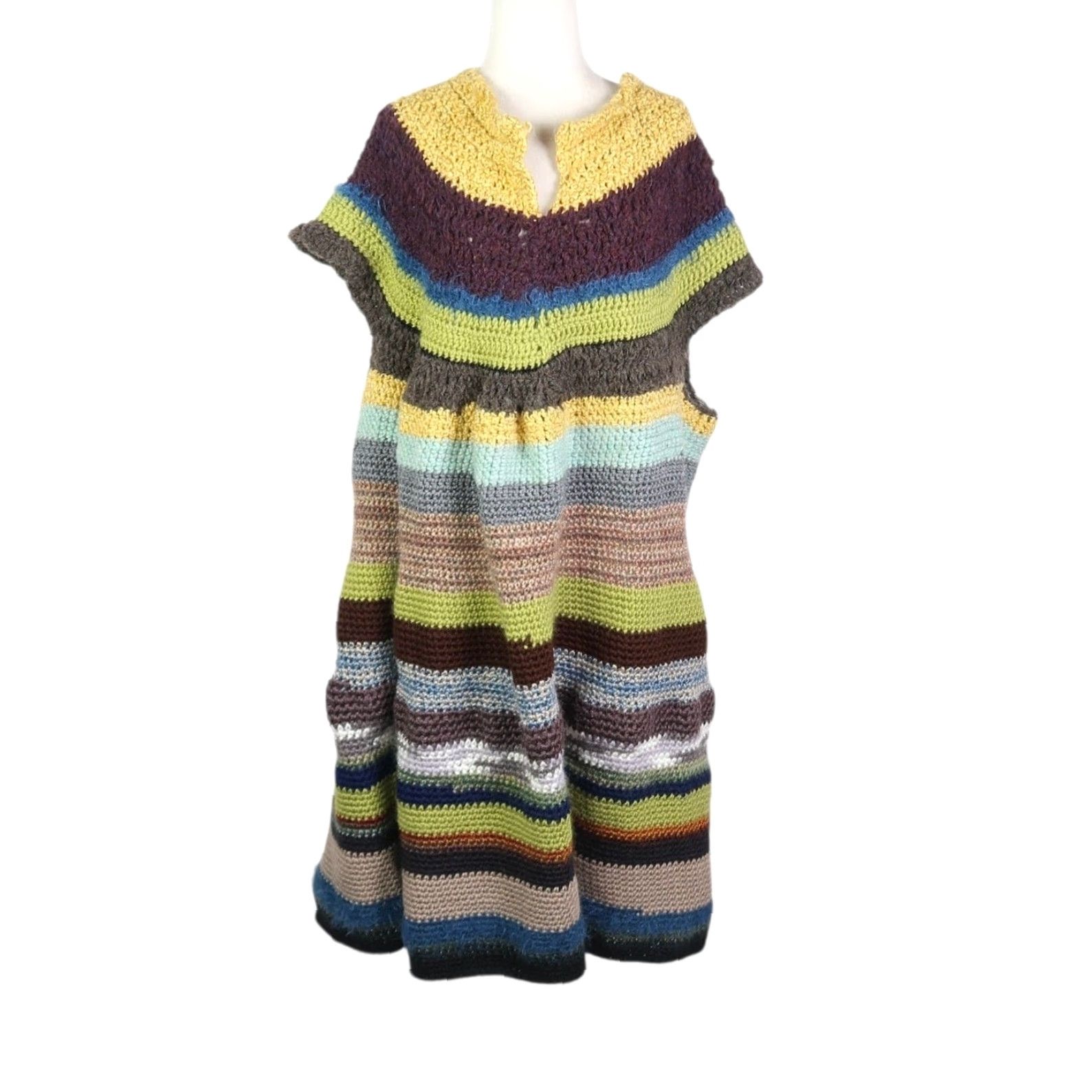 Vintage VINTAGE Yellow Green Brown Stripe Crochet Knit Sweater Dress XL Size XL / US 12-14 / IT 48-50 - 2 Thumbnail