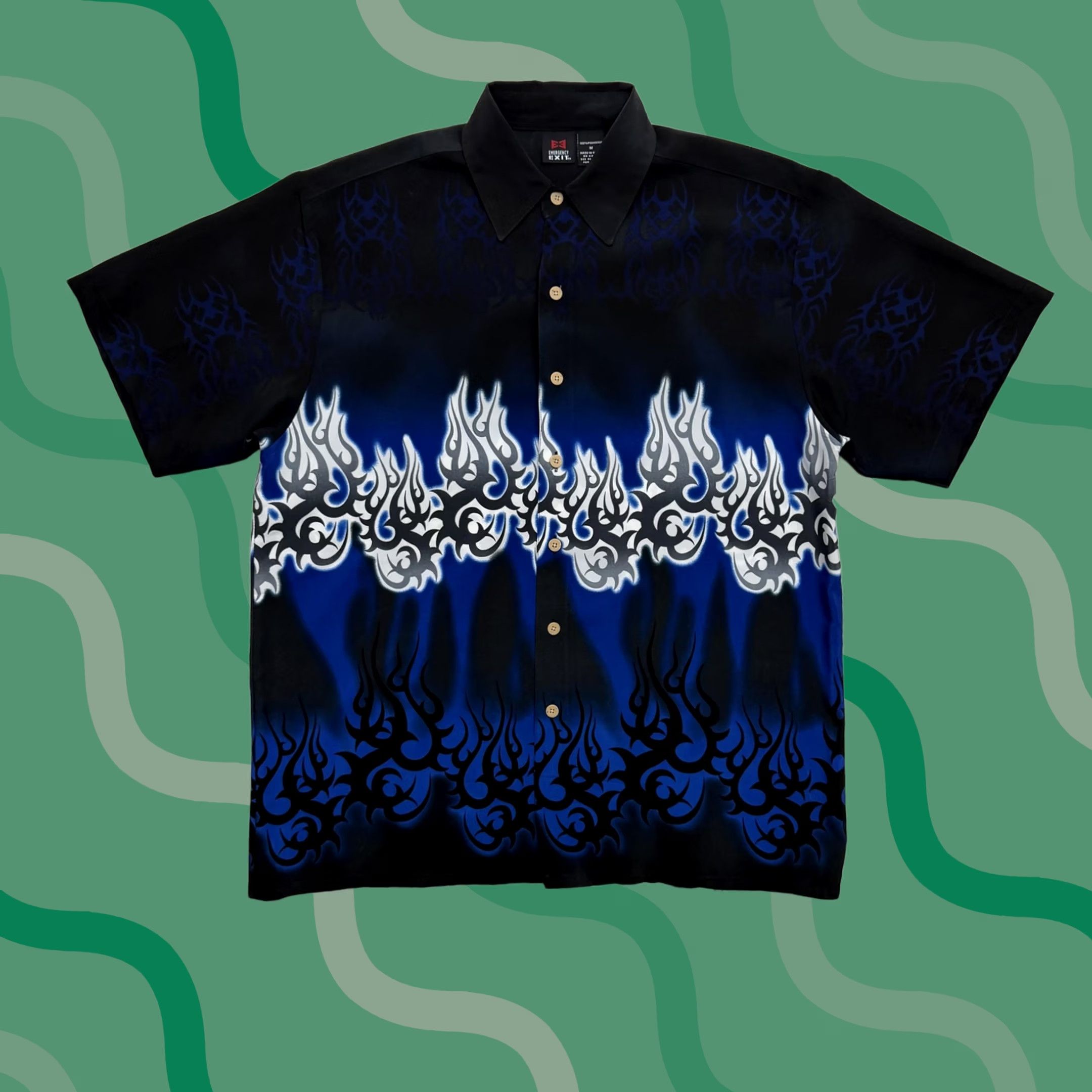 Vintage Y2K Emergency Exit Shirt Mens Medium Blue Flame Graphic Button Up Casual Size US M / EU 48-50 / 2 - 1 Thumbnail