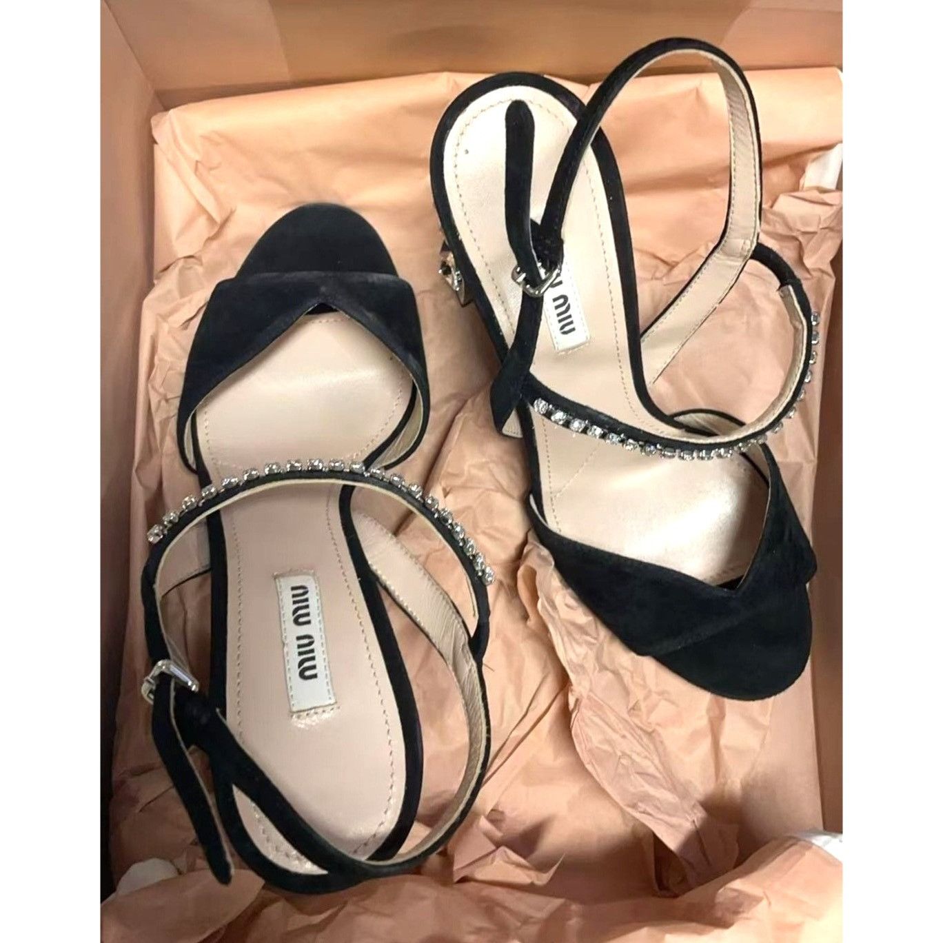 Miu Miu Miu Miu Black Suede Heels With Rhinestone Detail & Crystal S Size US 7 / IT 37 - 2 Thumbnail
