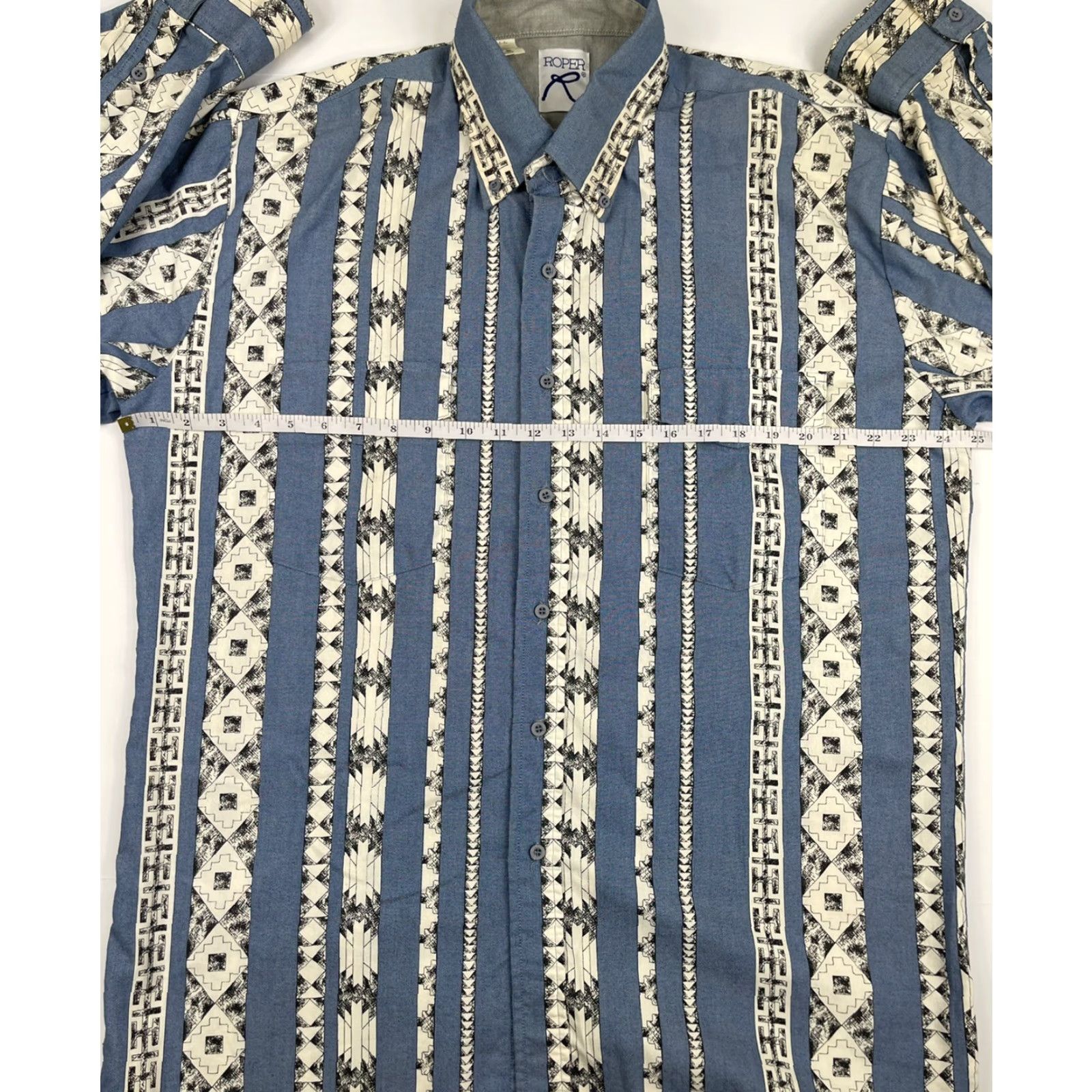 Roper VINTAGE ROPER Shirt Mens XL Blue Aztec Geometric 100% Cotton Button-Up Western Cowboy 90s Retro USA Size US XL / EU 56 / 4 - 4 Thumbnail