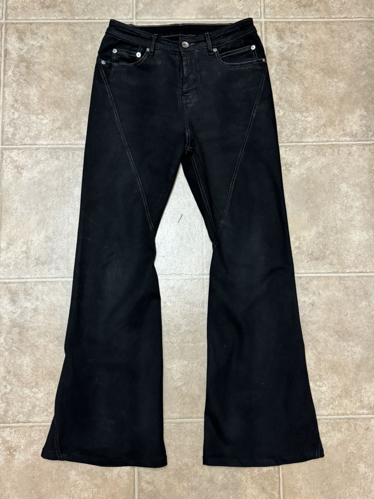 SS24 Rick Owens Spiral Flared Bias Bootcut Waxed Denim Jeans
