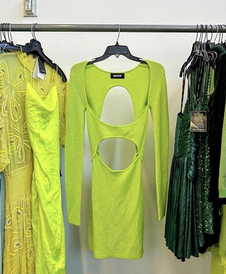 Designer SER.O.YA Cut Out Knit Mini Dress Lime Green Small Resortwear Size S / US 4 / IT 40 - 1 Thumbnail