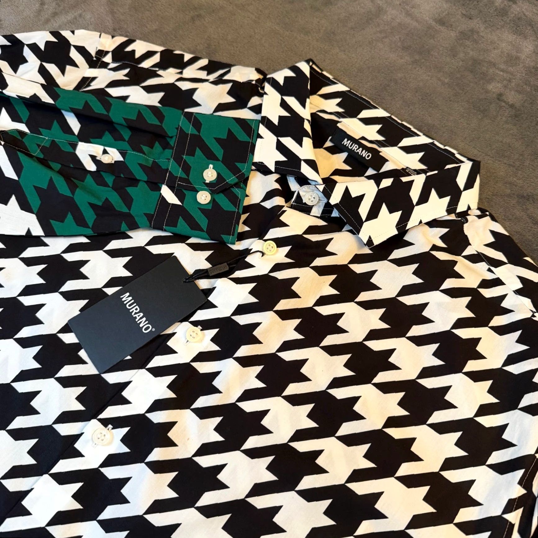 Murano Murano Button-Front Shirt Geometric Houndstooth 100% Cotton Multicolor Black White Green Big & Tall 2XB Mens NWT Size US XXL / EU 58 / 5 - 3 Thumbnail