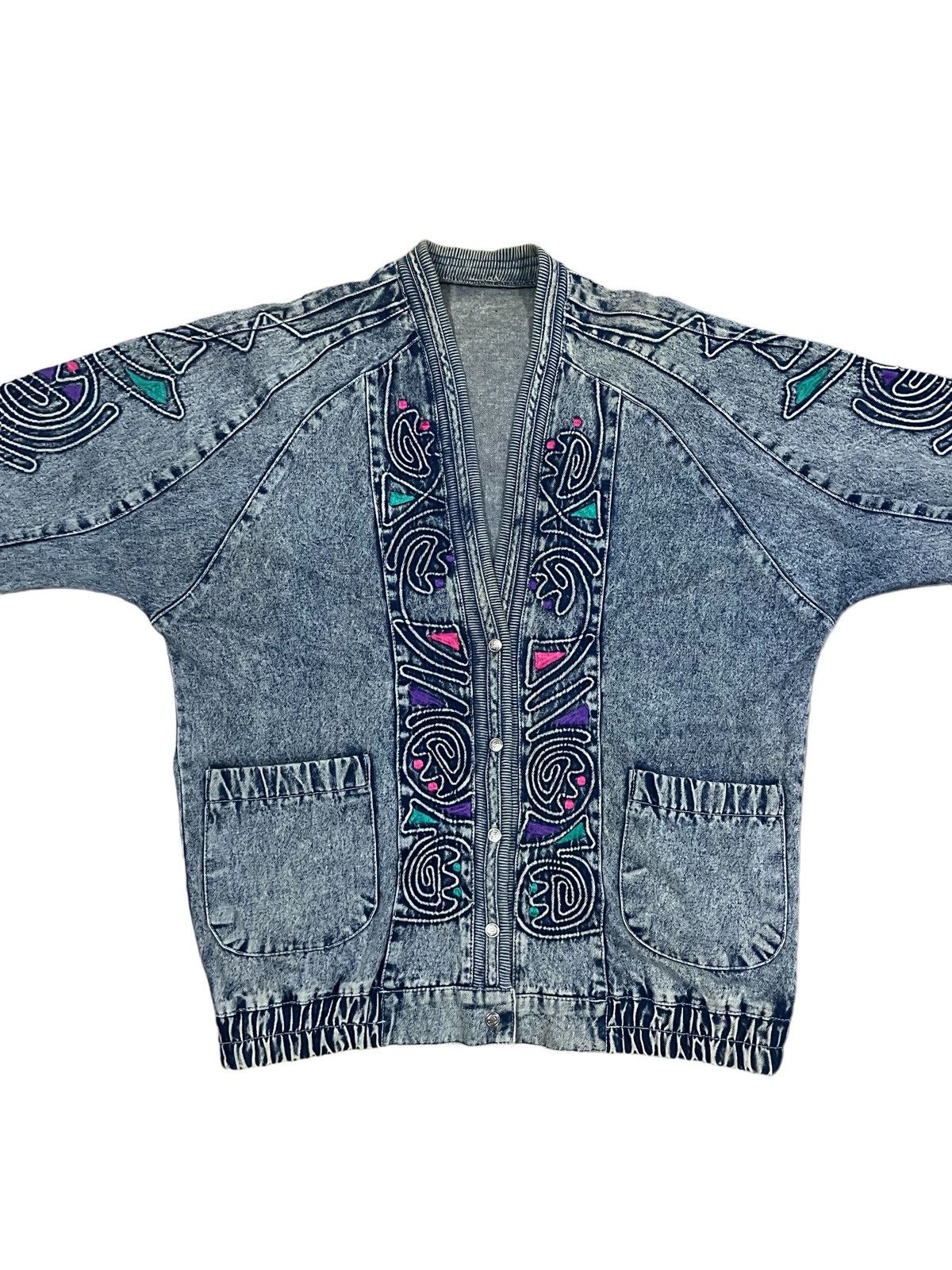 Japanese Brand Vintage Memphis Art Retro Neon Abstract Style Denim Cardigan Size L / US 10 / IT 46 - 3 Thumbnail