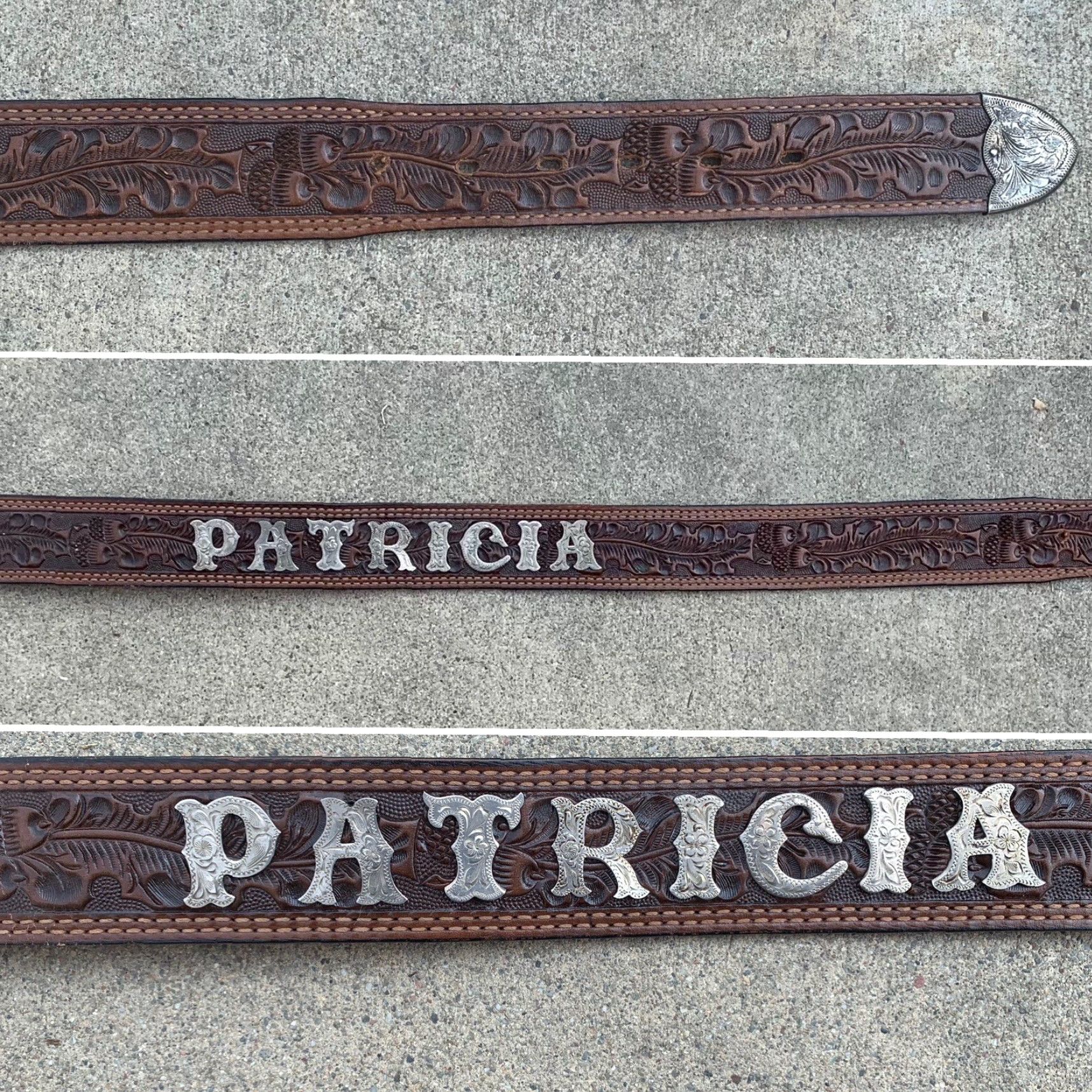 VINTAGE tooled leather belt PATRICIA silver belt tip STERLING MEXICO