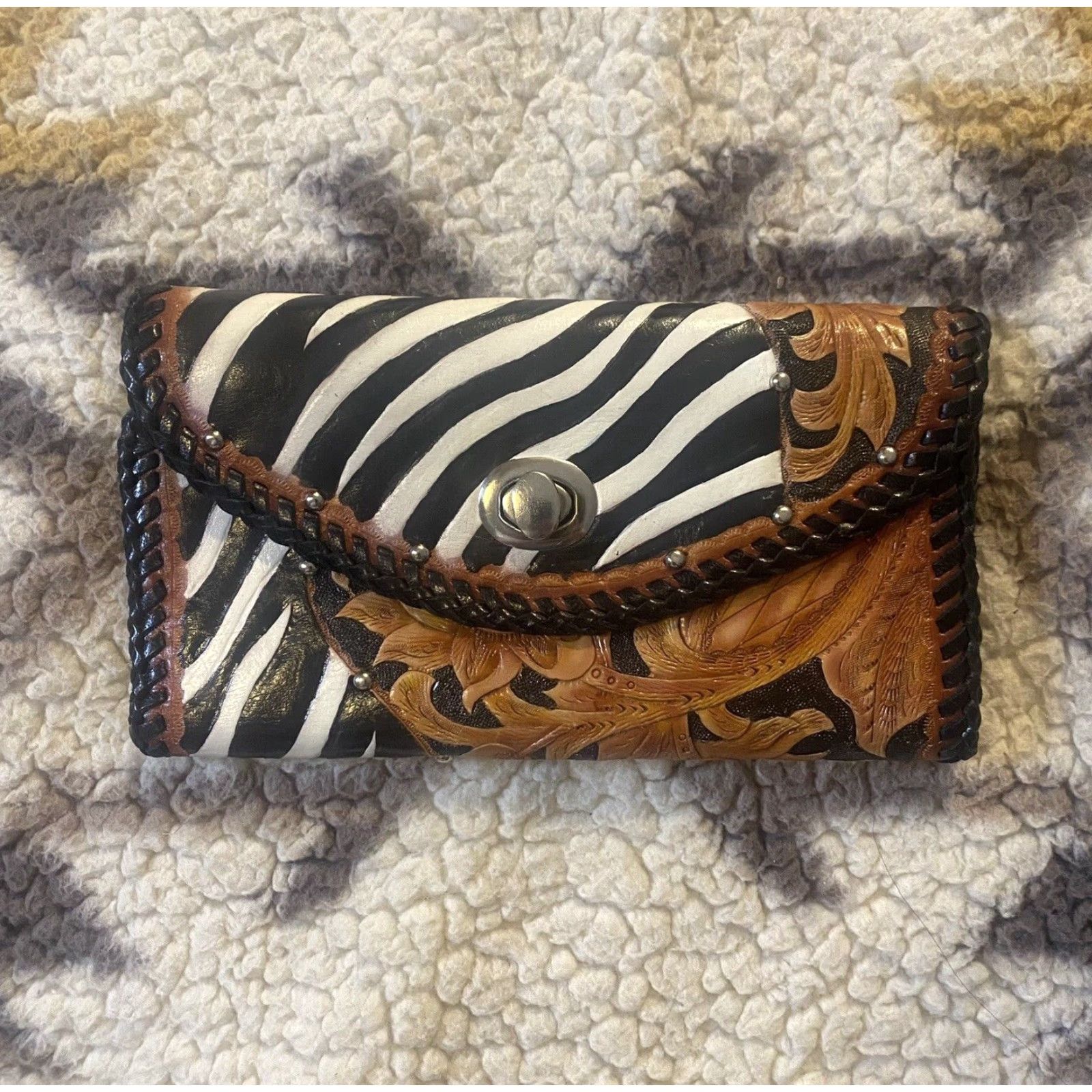 Vintage Hand Tooled Leather Women’s Wallet Organizer Zebra Floral Pattern Studs 8” X 4” Size ONE SIZE - 2 Thumbnail