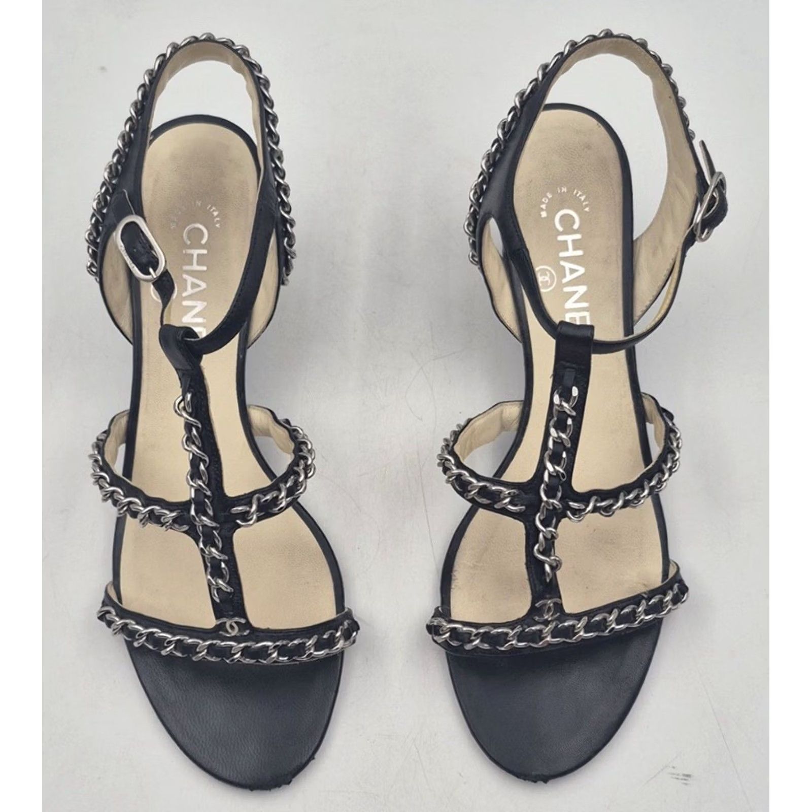 Chanel CHANEL Black Chain T-Strap Sandal Heels 39.5 US 8.5 Silver CC Block Heel Strappy Leather Women Mens Girls Size US 9 / IT 39 - 3 Thumbnail