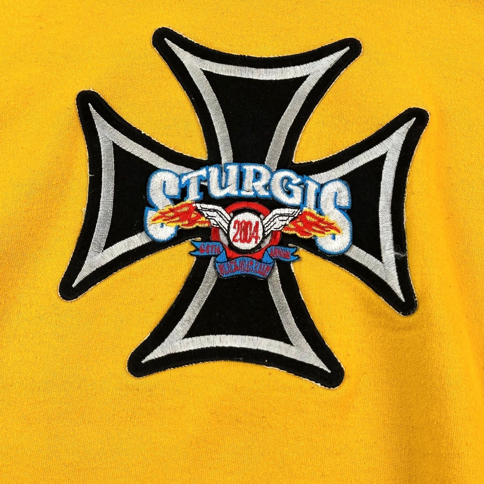 Gildan Vintage Biker Hoodie Mens XL Yellow 2004 Sturgis Iron Cross Patches Pullover Y2K Gildan Size US XL / EU 56 / 4 - 6 Thumbnail