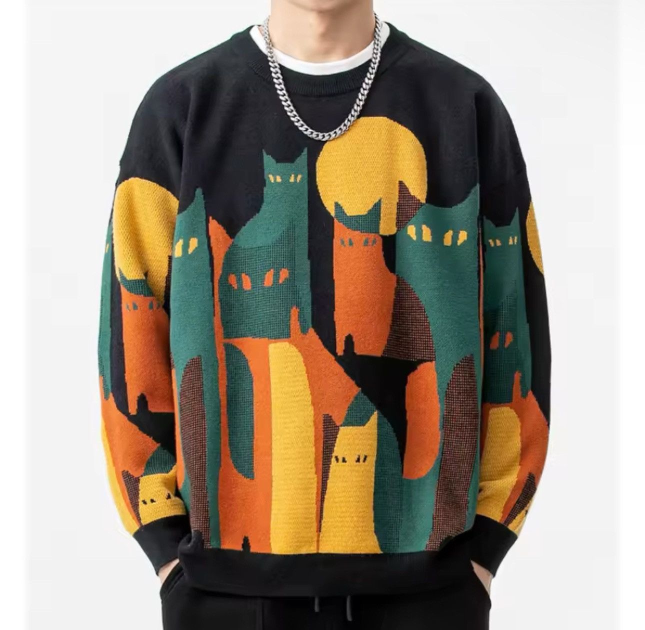 Other Streetwear Cartoon Knitted Striped Cat Print Sweater Size US XXL / EU 58 / 5 - 3 Thumbnail