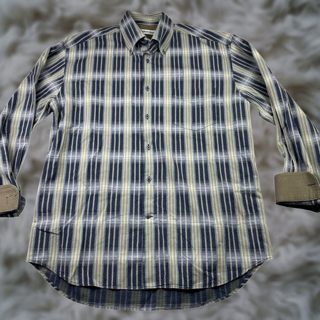 Vintage Bullock & Jones Men's Button Shirt Stripe Blue/Beige Long Sleeve Flip Cuffs Large, 100% Cotton, Button-Front, Collared, Casual, Regular Fit Size US L / EU 52-54 / 3 - 1 Thumbnail