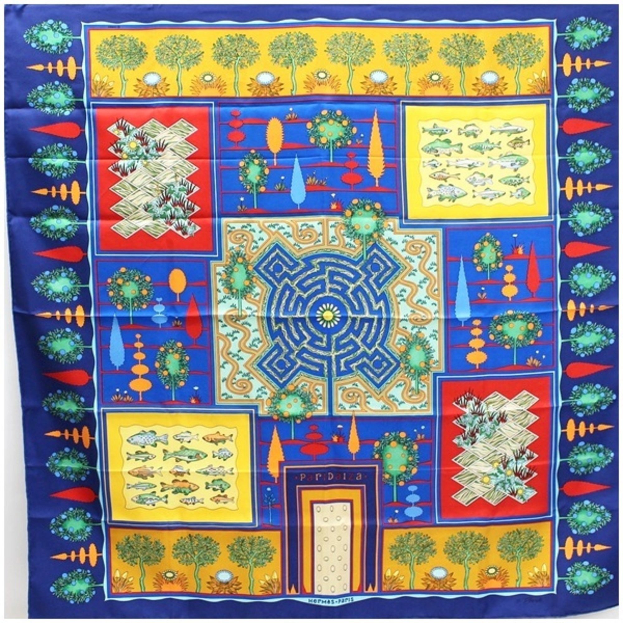 image of Hermes Silk Scarf Muffler Carre90 Paridaiza Paradise Fish Pattern Plant Blue Hermes Ladies, Women's