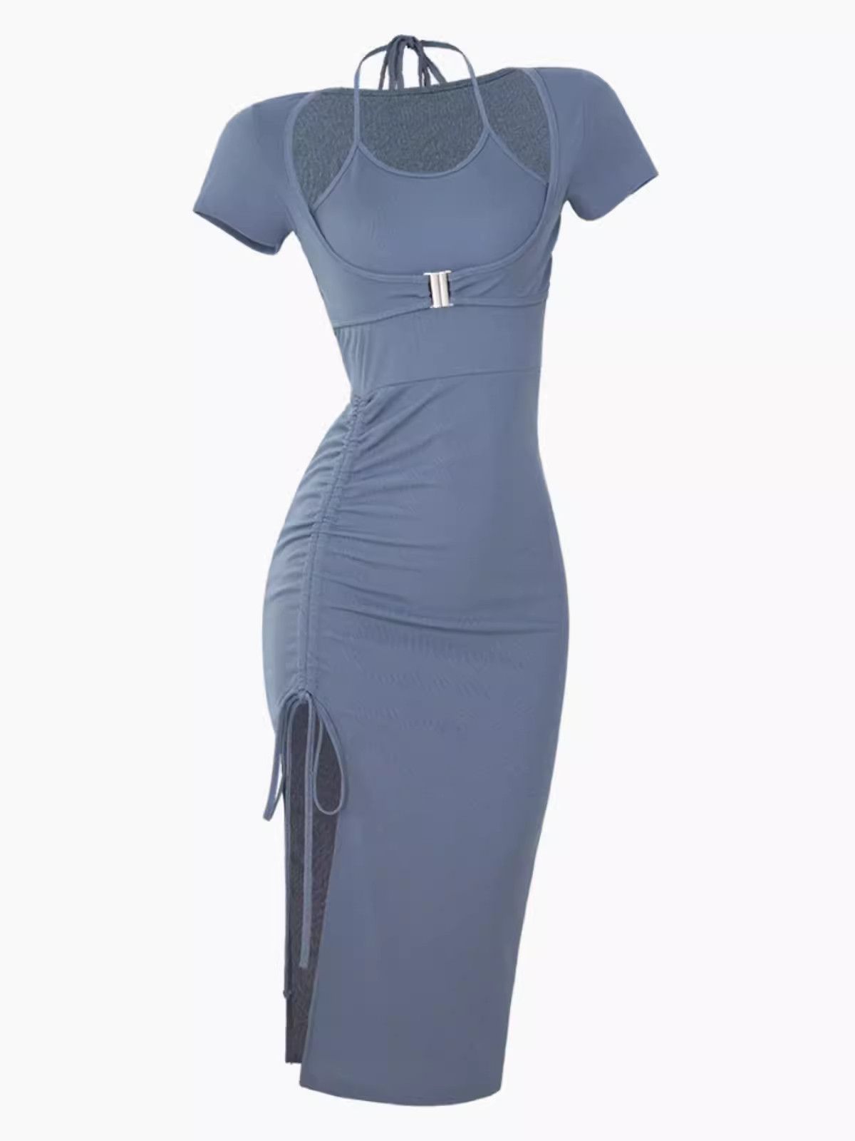 image of Vintage Sexy Neck Hanger Fake Two Buckle Slim Drawstring Dress in Blue, Women's (Size Medium)