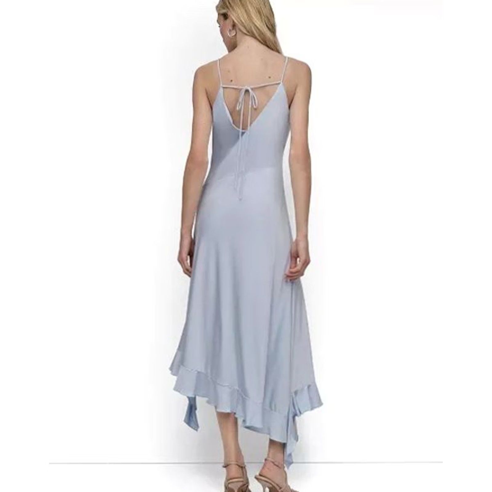 DKNY DKNY Slip Dress Midi Open Back V-Neck Ruffled Hem Light Blue 6 Women's Formal Party/Cocktail Size M / US 6-8 / IT 42-44 - 2 Thumbnail