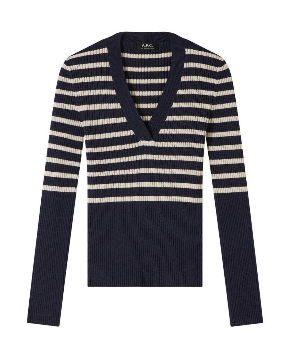 A.P.C. A.P.C. Women's V-Neck Sweater in Dark Navy and Ecru Stripes Size XS / US 0-2 / IT 36-38 - 2 Thumbnail
