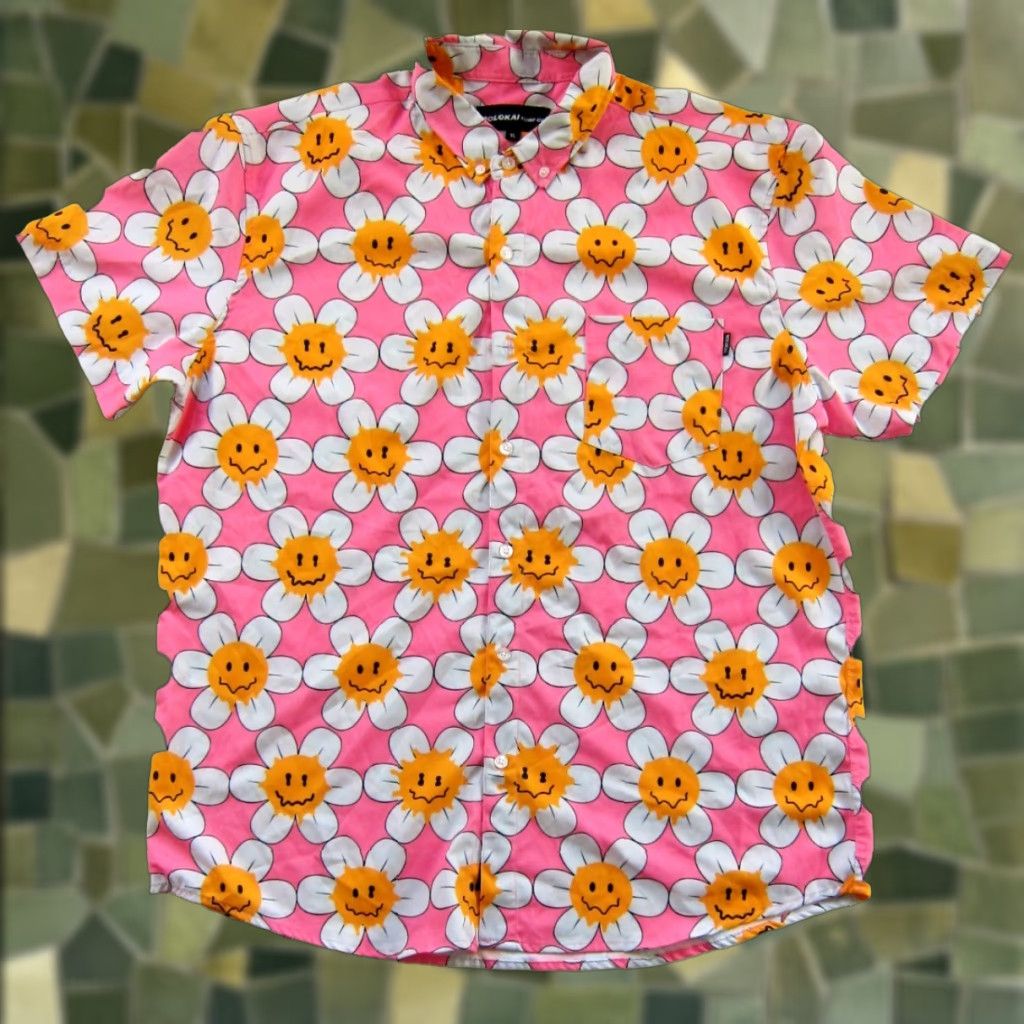 Pinko Molokai Surf Co. Pink Yellow Daisy Floral Smiley Face Short Sleeve Shirt Men XL Size US XL / EU 56 / 4 - 1 Thumbnail