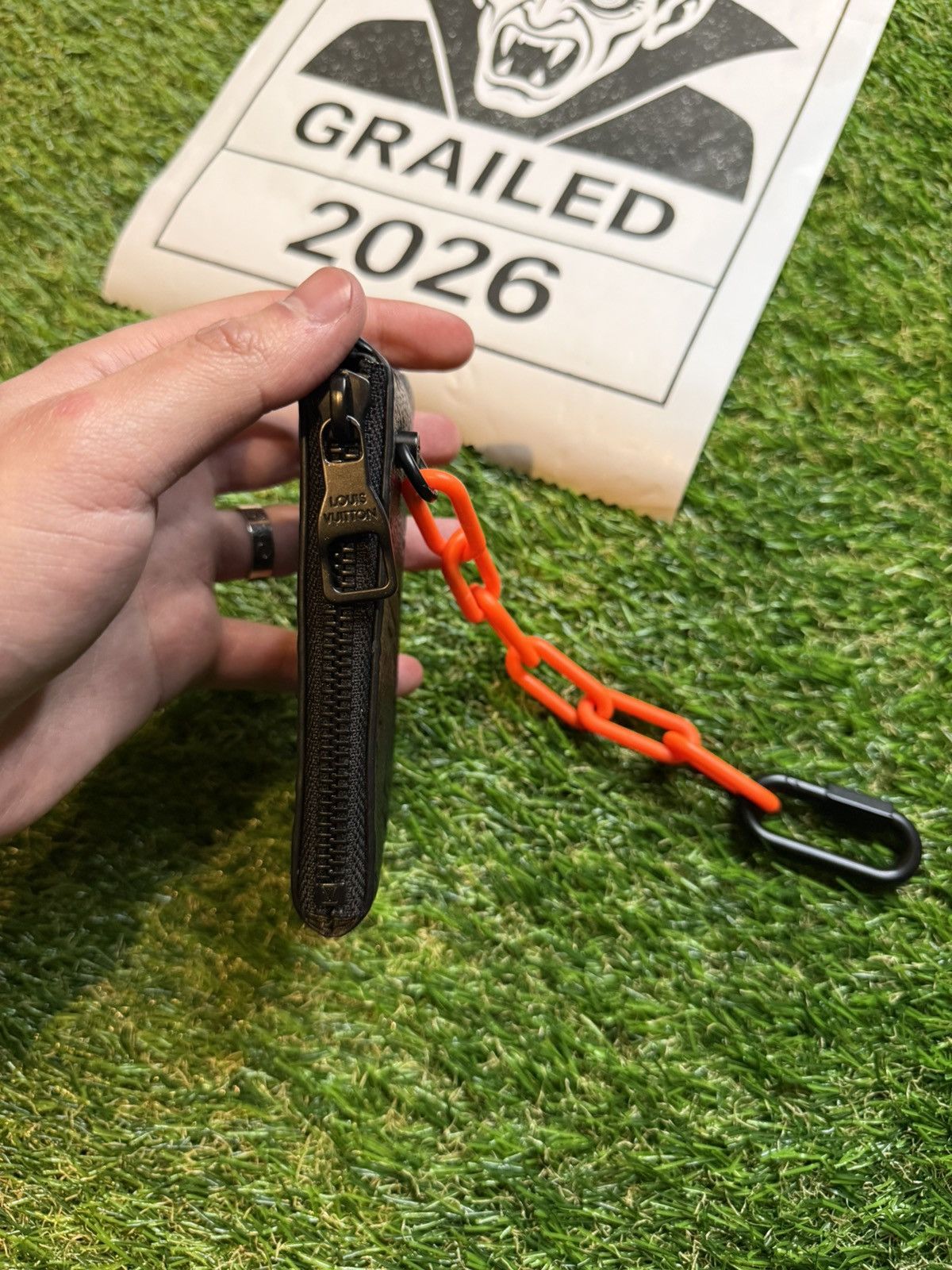 Louis Vuitton GRAIL🦄📜LV X Virgil Black Leather Orange Chain Coin/Key Pouch Size ONE SIZE - 5 Thumbnail