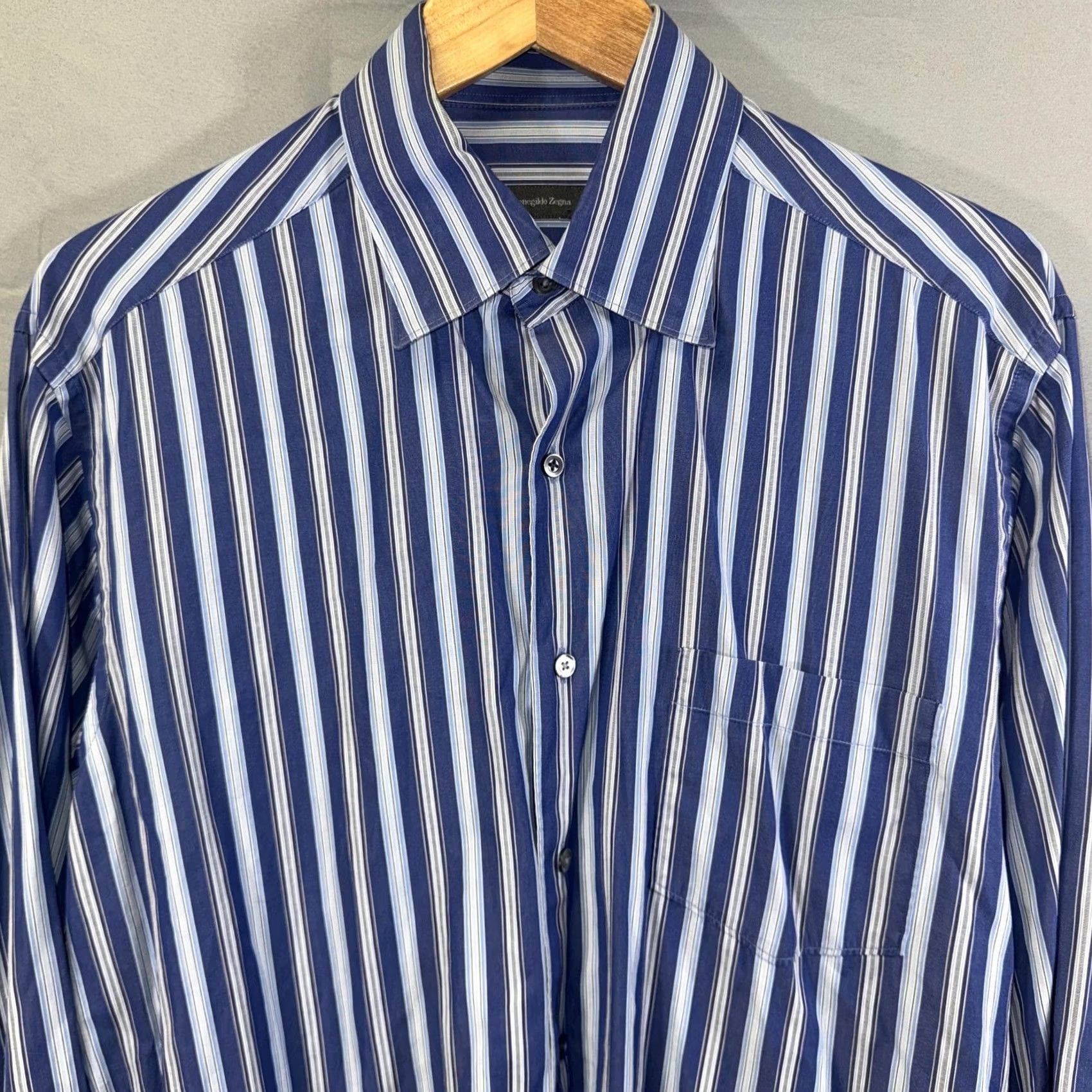Ermenegildo Zegna Ermenegildo Zegna Shirt Mens Large Blue White Striped Button Down Dress Shirt Size 42R - 3 Thumbnail
