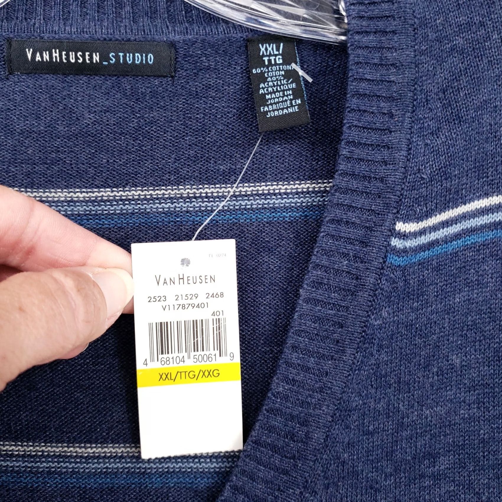 Van Heusen Van Heusen Sweater Mens 2XL Blue V-Neck Pullover Striped Knit Regular All Seasons Size US XXL / EU 58 / 5 - 7 Thumbnail