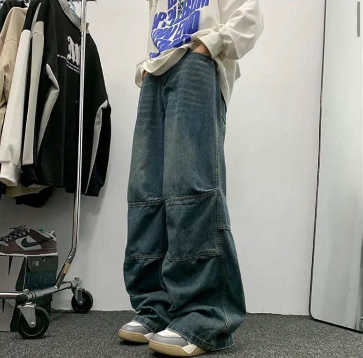 image of Distressed Denim Blue Color Distressed Wide-Leg Jeans Pant, Men's (Size 31)