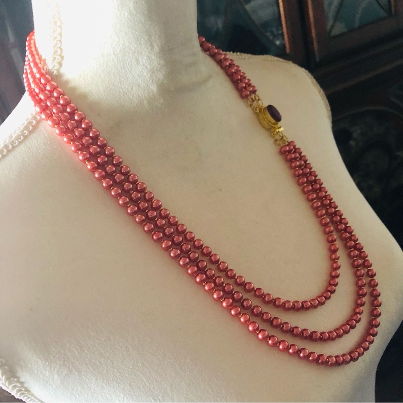 Handmade Handcrafted triple strand rose pearl genuine ruby necklace Size ONE SIZE - 3 Thumbnail