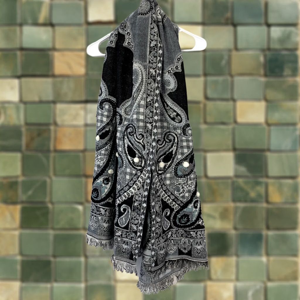 Vintage Shiraleah Chicago Maren Paisley Scarf Wrap Shawl Black Gray Blue Pom-Poms Fringe Women 75 in 28 in Knit Acrylic Modal Lightweight Hand Wash Only N/A Size ONE SIZE - 1 Thumbnail