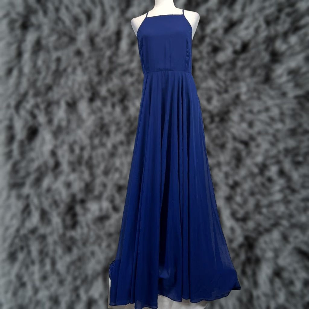 Lulus Chiffon Maxi Dress Women's XL Navy Blue Long Criss Cross Back Love
