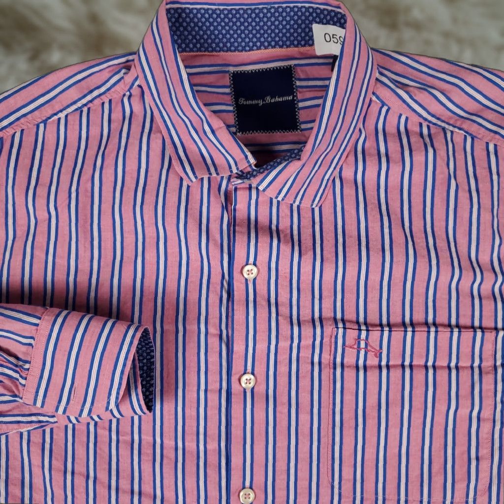 Tommy Bahama Tommy Bahama Shirt Mens Large Pink Blue Striped Cotton Button Up Long Sleeve Shirt Size US L / EU 52-54 / 3 - 1 Thumbnail