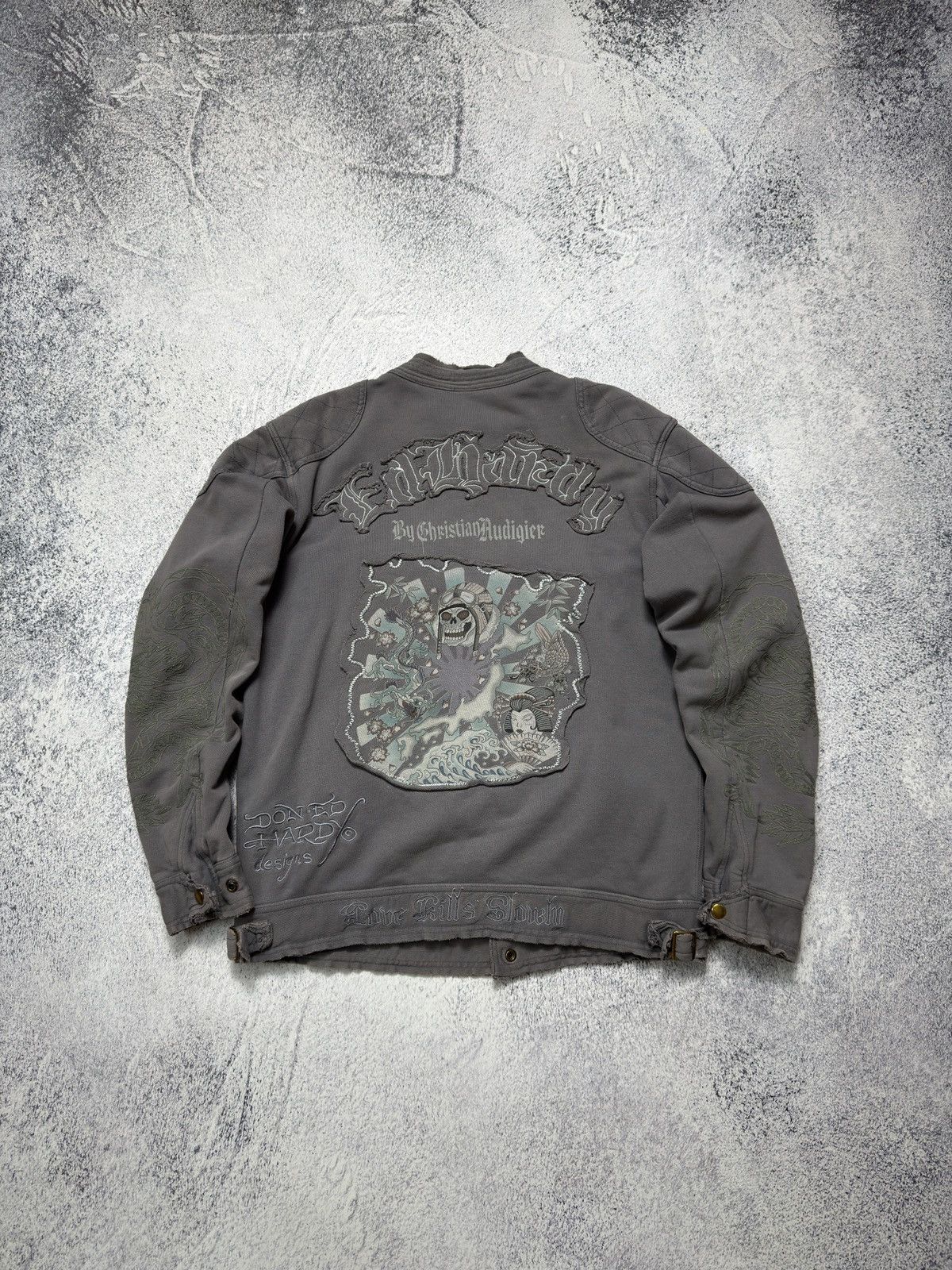 Ed Hardy Ed Hardy Distressed Cotton Motorcycle Jacket Size US L / EU 52-54 / 3 - 1 Thumbnail