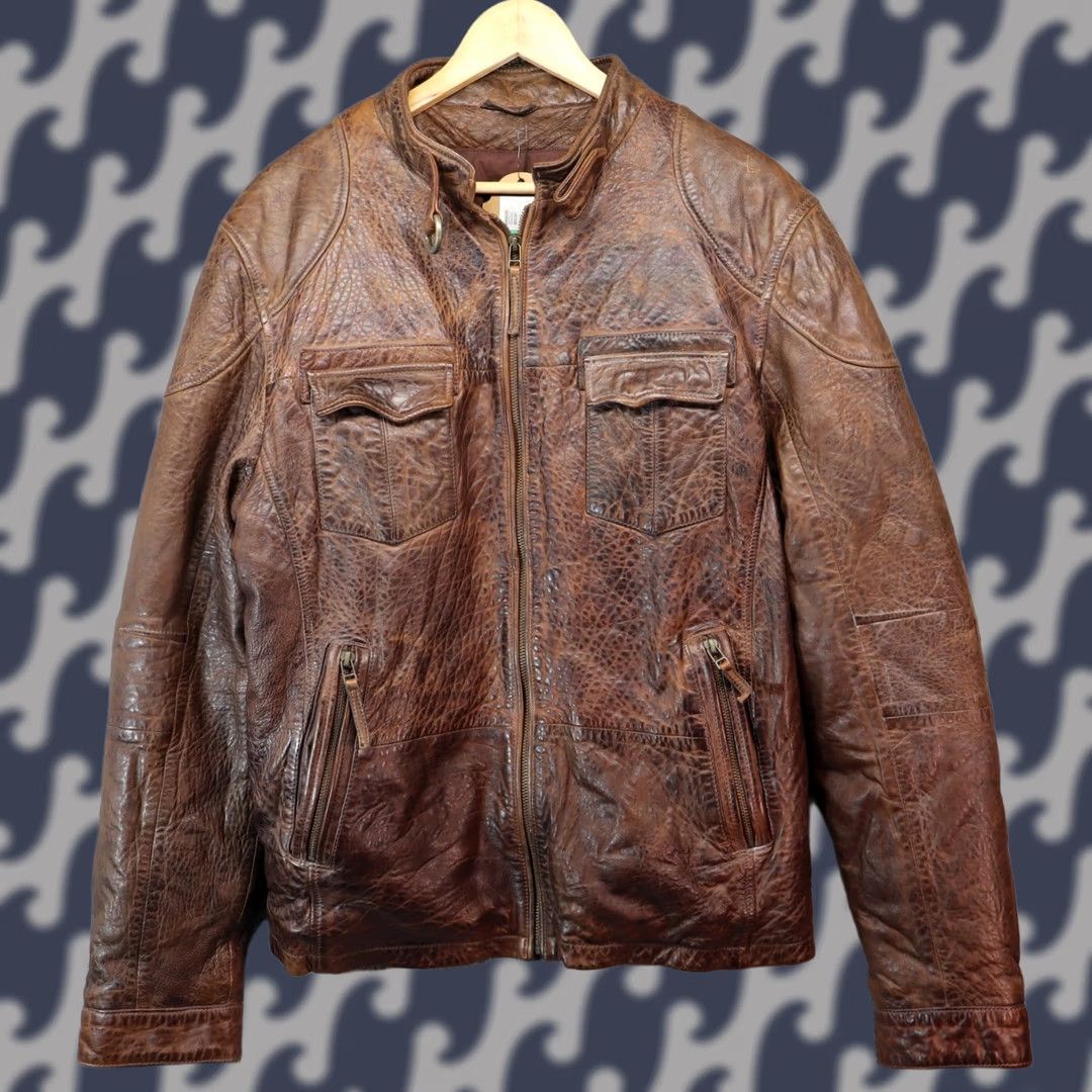Vintage BS by Blake Shelton Leather Bomber Jacket Men Large Brown Snap Textured MSRP 98 Size US L / EU 52-54 / 3 - 1 Thumbnail