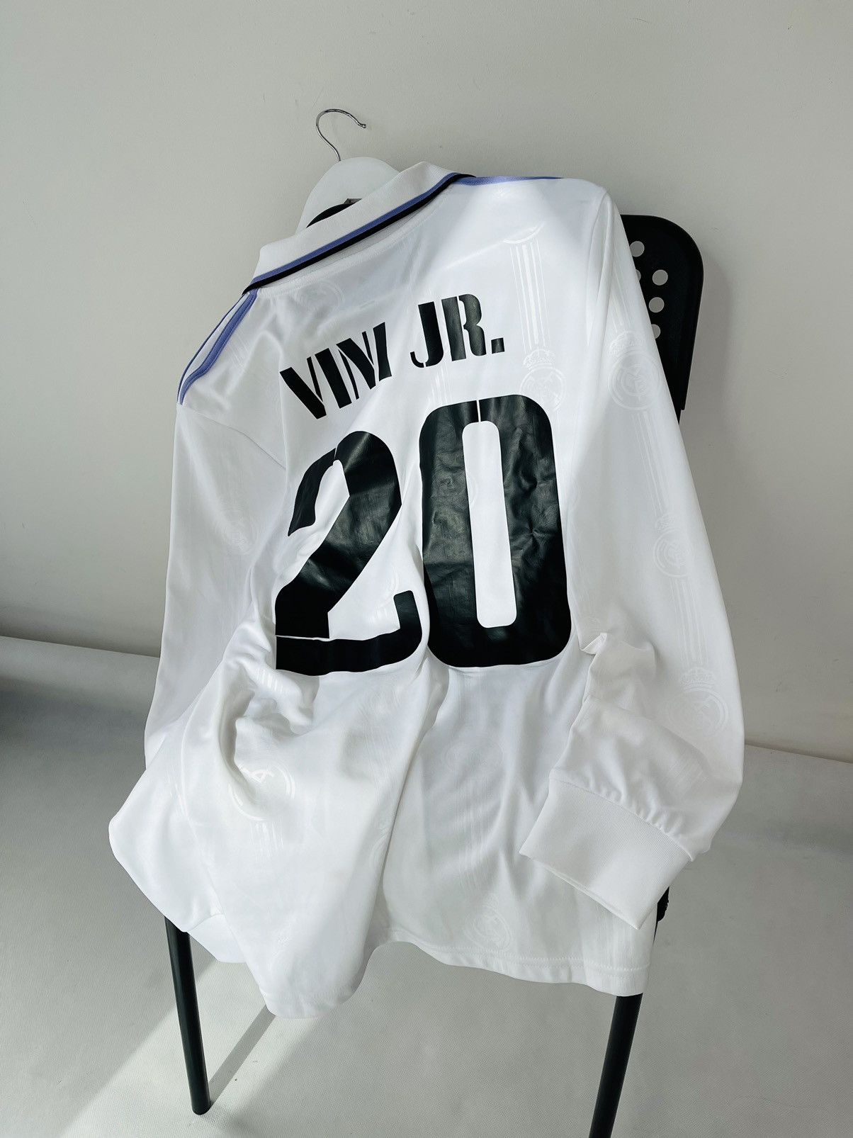 Image of Adidas x Real Madrid Vintage Real Madrid Vinicious Jr Away Long Sleeve Jersey in White (Size Small)