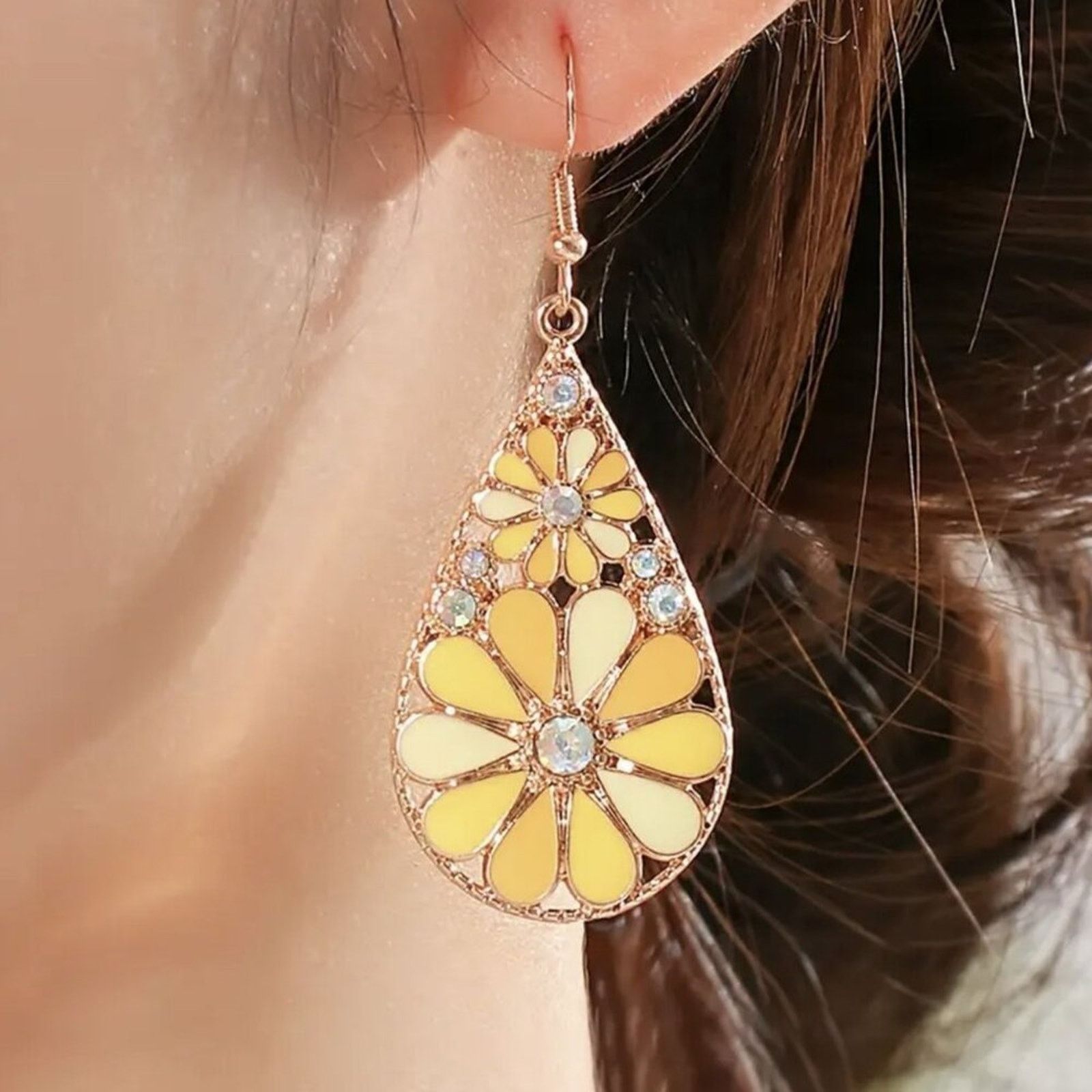 Other Yellow Mosaic Flower Dangle Earrings | Rose Gold Teardrop Size ONE SIZE - 4 Thumbnail