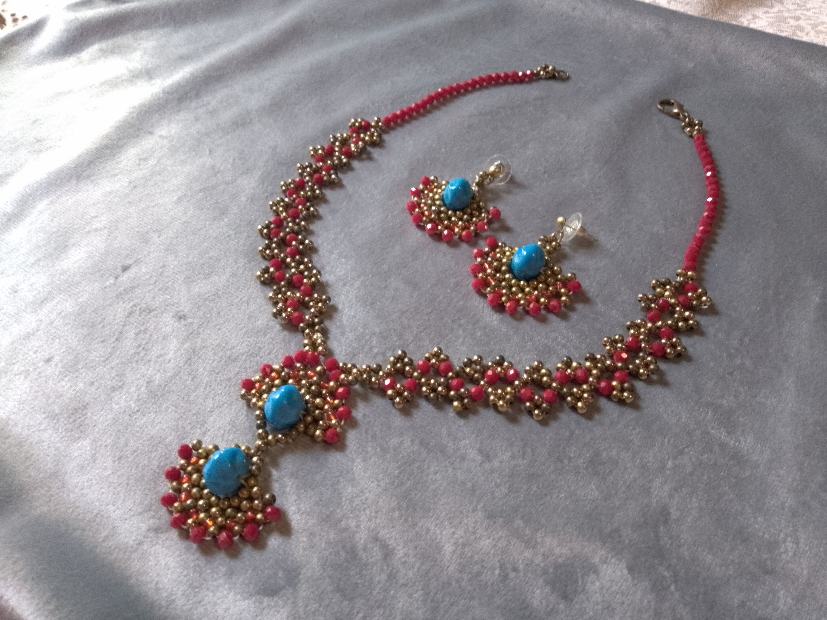 Handmade Necklace Earrings Vintage. Red crystals Blue resin. Pendant Size ONE SIZE - 1 Thumbnail