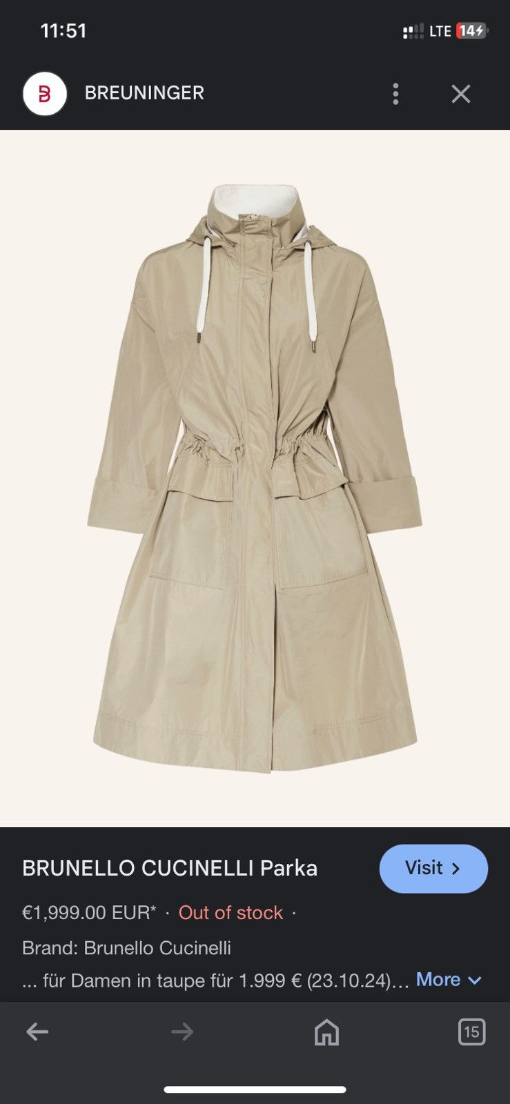 Brunello Cucinelli Brunello Cucinelli Parka Coat in Taupe for Womens Size XS / US 0-2 / IT 36-38 - 12 Thumbnail
