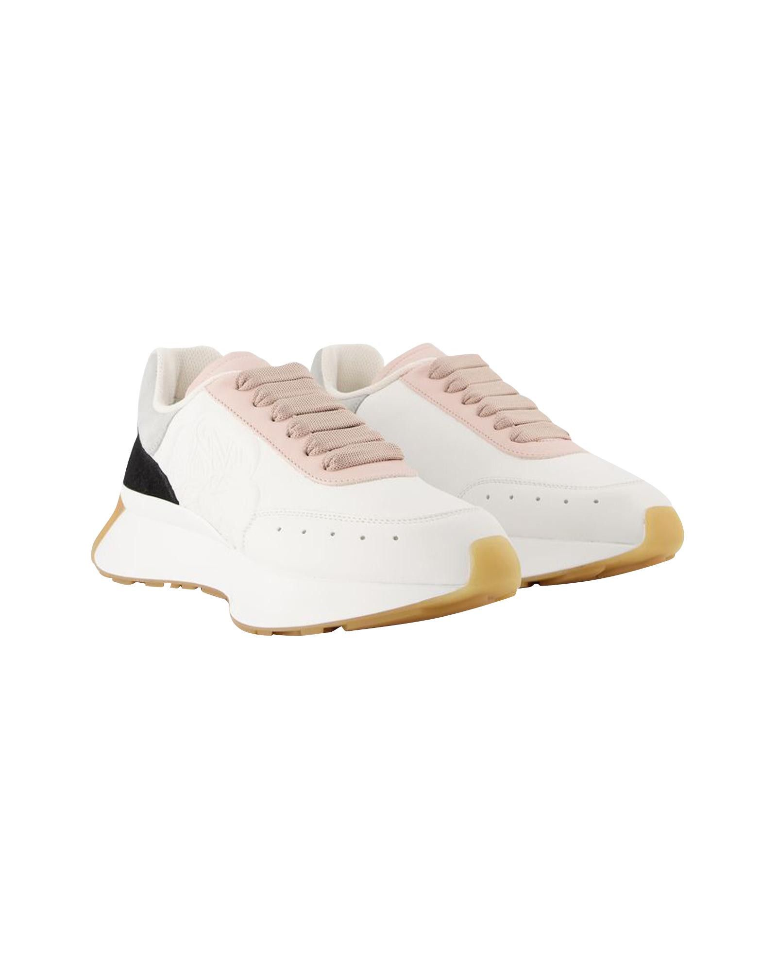 image of Alexander Mcqueen Feminine Sporty-Chic Leather Sneakers With Embossed Flowers in White, Women's (Si