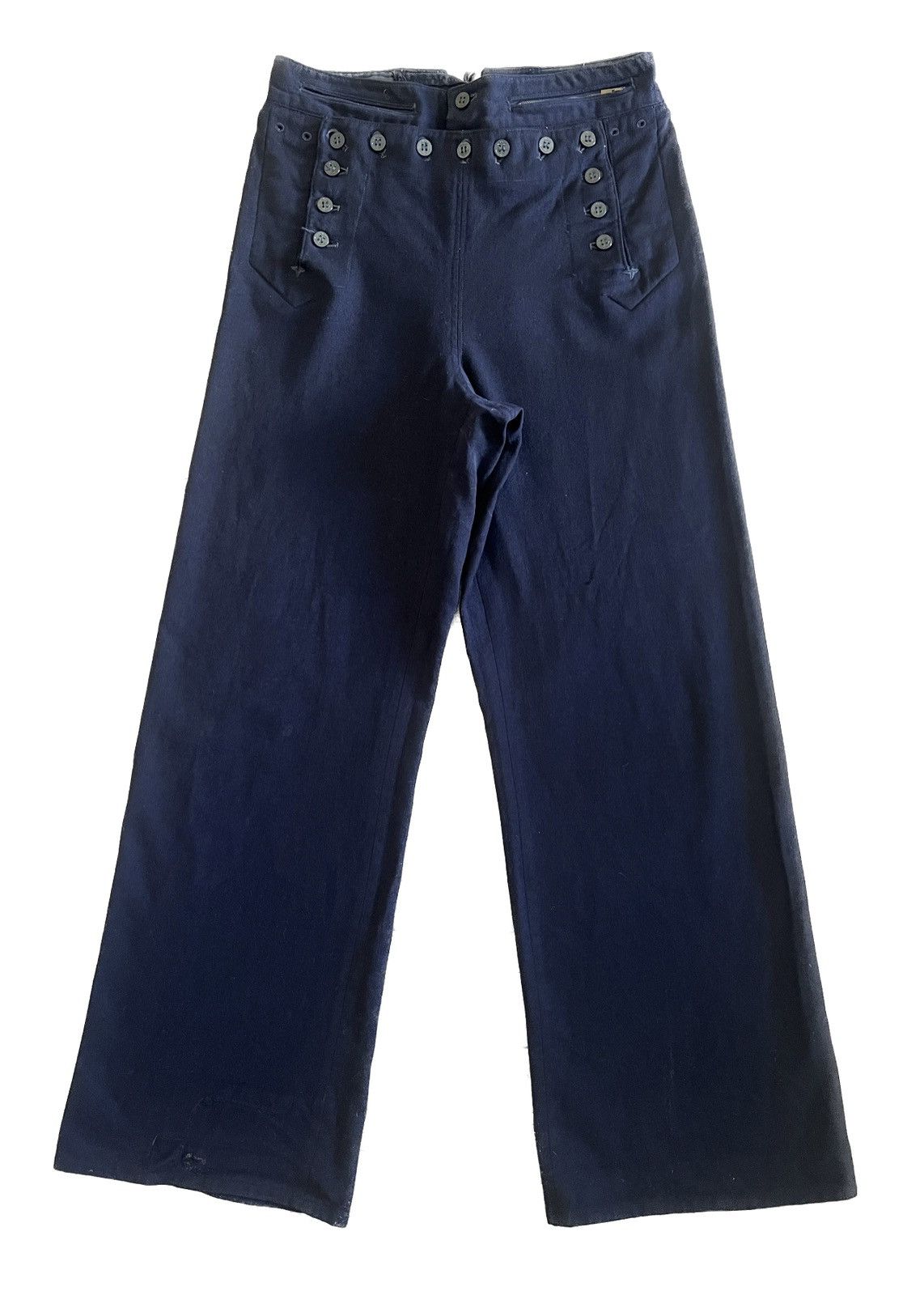 image of Naval Clothing Factory x Vintage 40S Wwii Era Wool Lace Back Flared Trousers in Navy (Size 28)