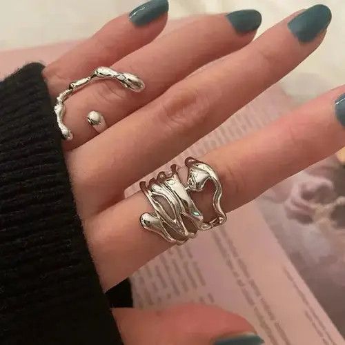 Jewelry Irregular Hollow Silver Color Wide Ring Size ONE SIZE - 3 Thumbnail