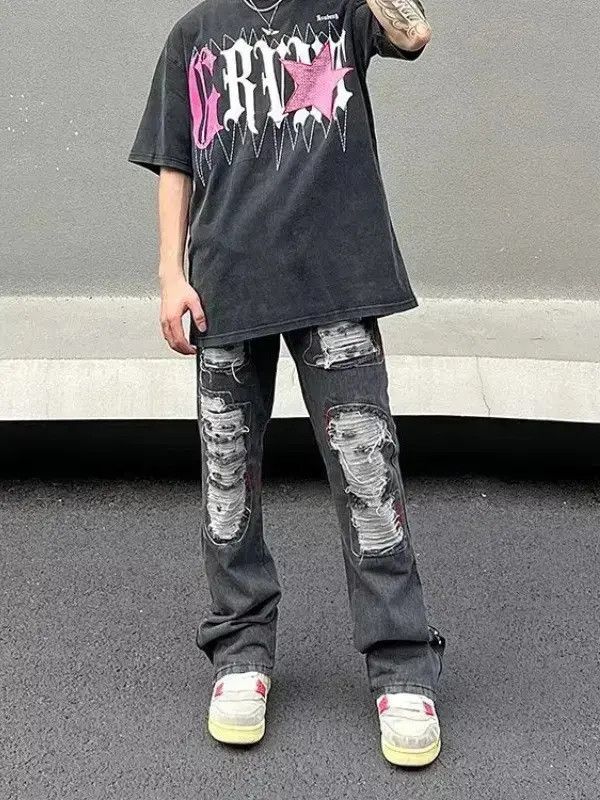 Japanese Brand Retro loose straight leg ripped jeans Size US 30 / EU 46 - 5 Thumbnail